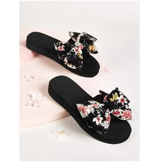 Floral Print Bow Decor Sandal Flat Women's Slides - Picture 3 of 5